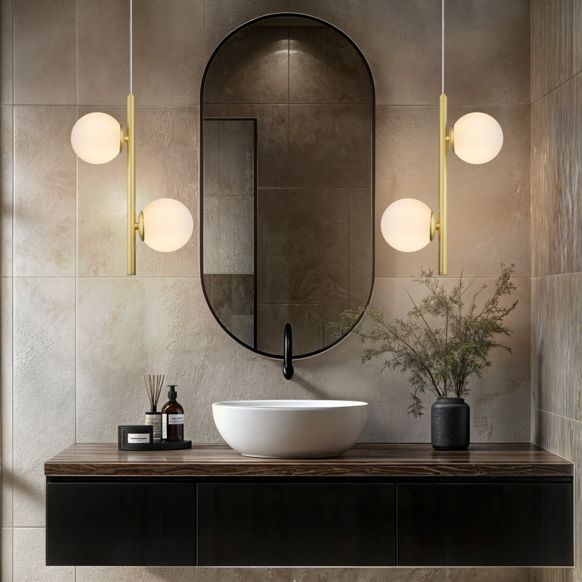 Luminária Pendente Galha Dourado 2 Globos Leitosos 12Cm