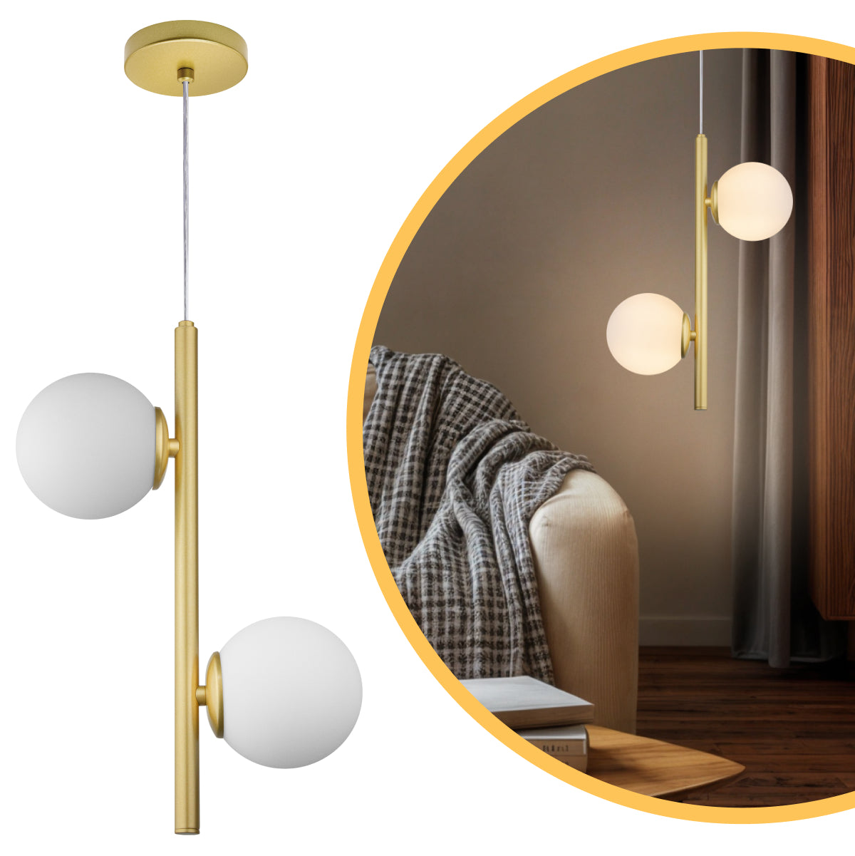 Luminária Pendente Galha Dourado 2 Globos Leitosos 12Cm