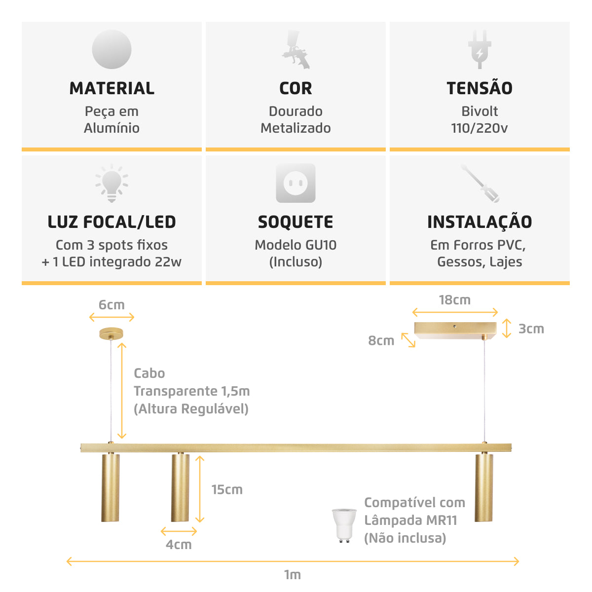 Luminária Pendente Perfil Turn 100Cm Led 22w 3000k Dourado