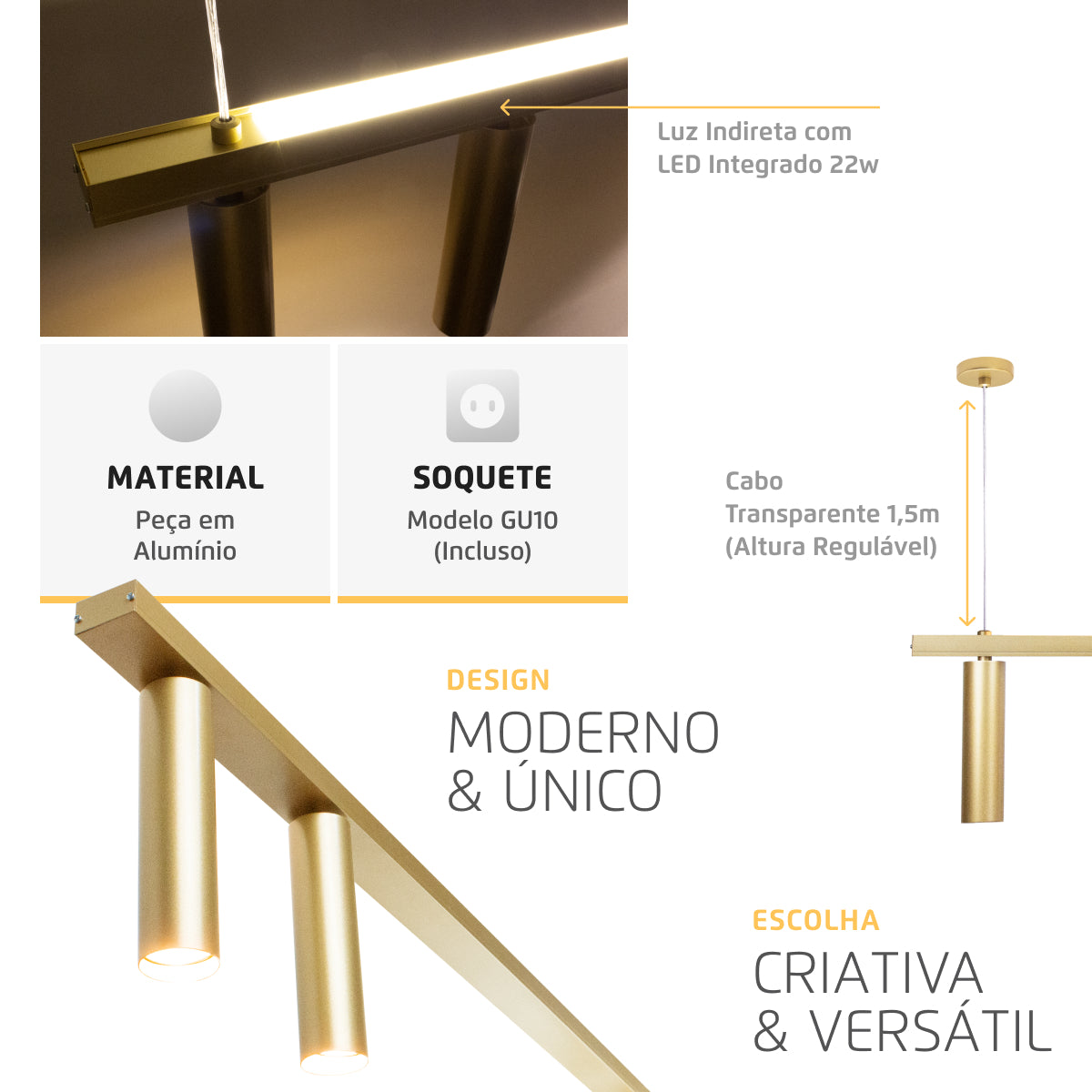 Luminária Pendente Perfil Turn 100Cm Led 22w 3000k Dourado