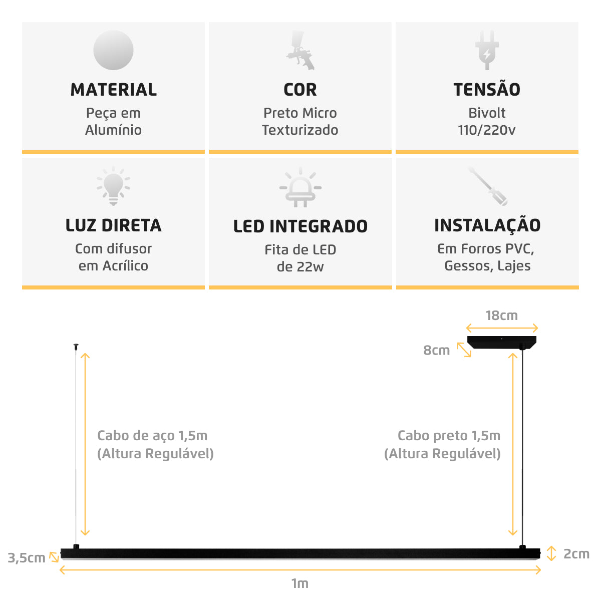 Luminária Pendente Perfil 100Cm Led 22w 3000k Preto