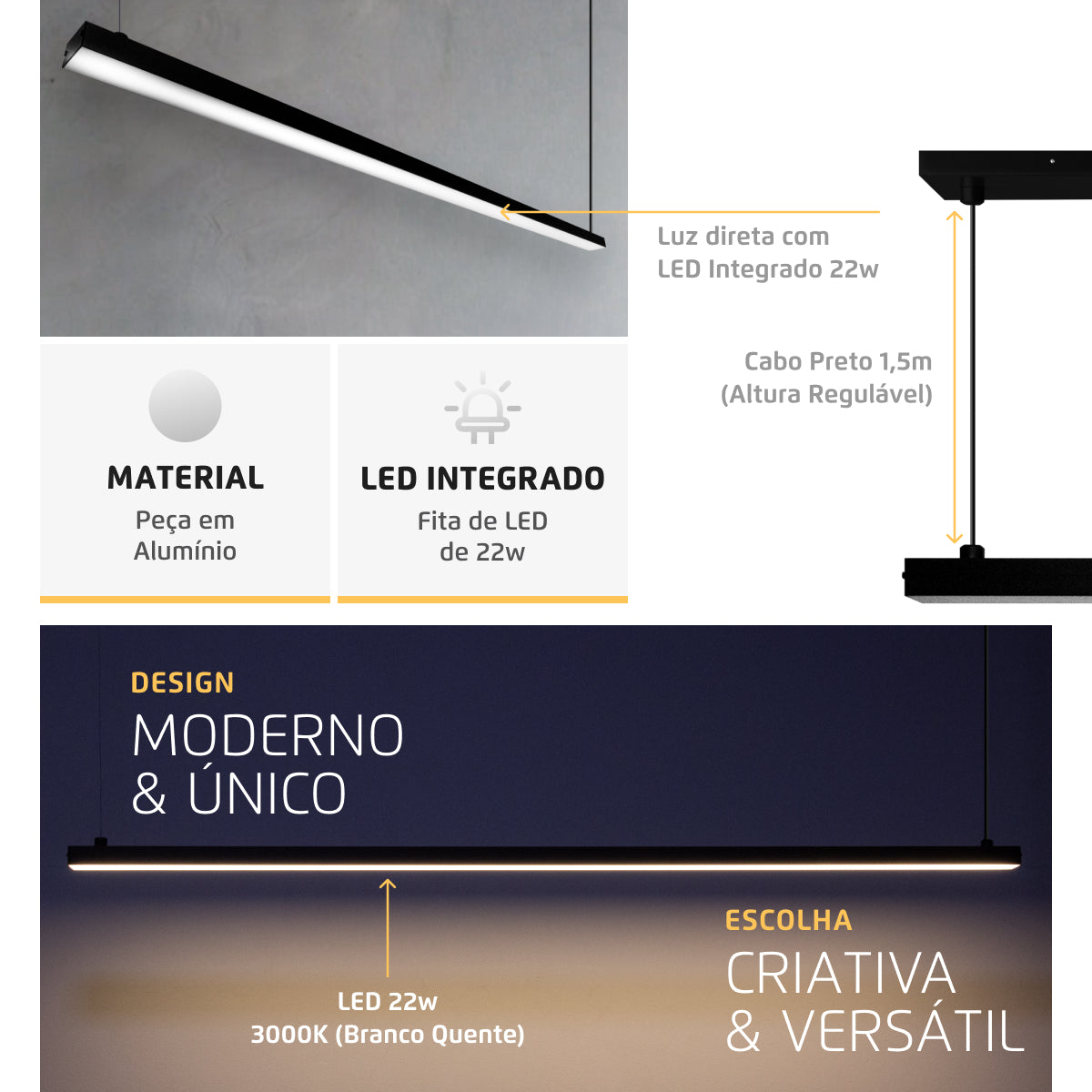 Luminária Pendente Perfil 100Cm Led 22w 3000k Preto