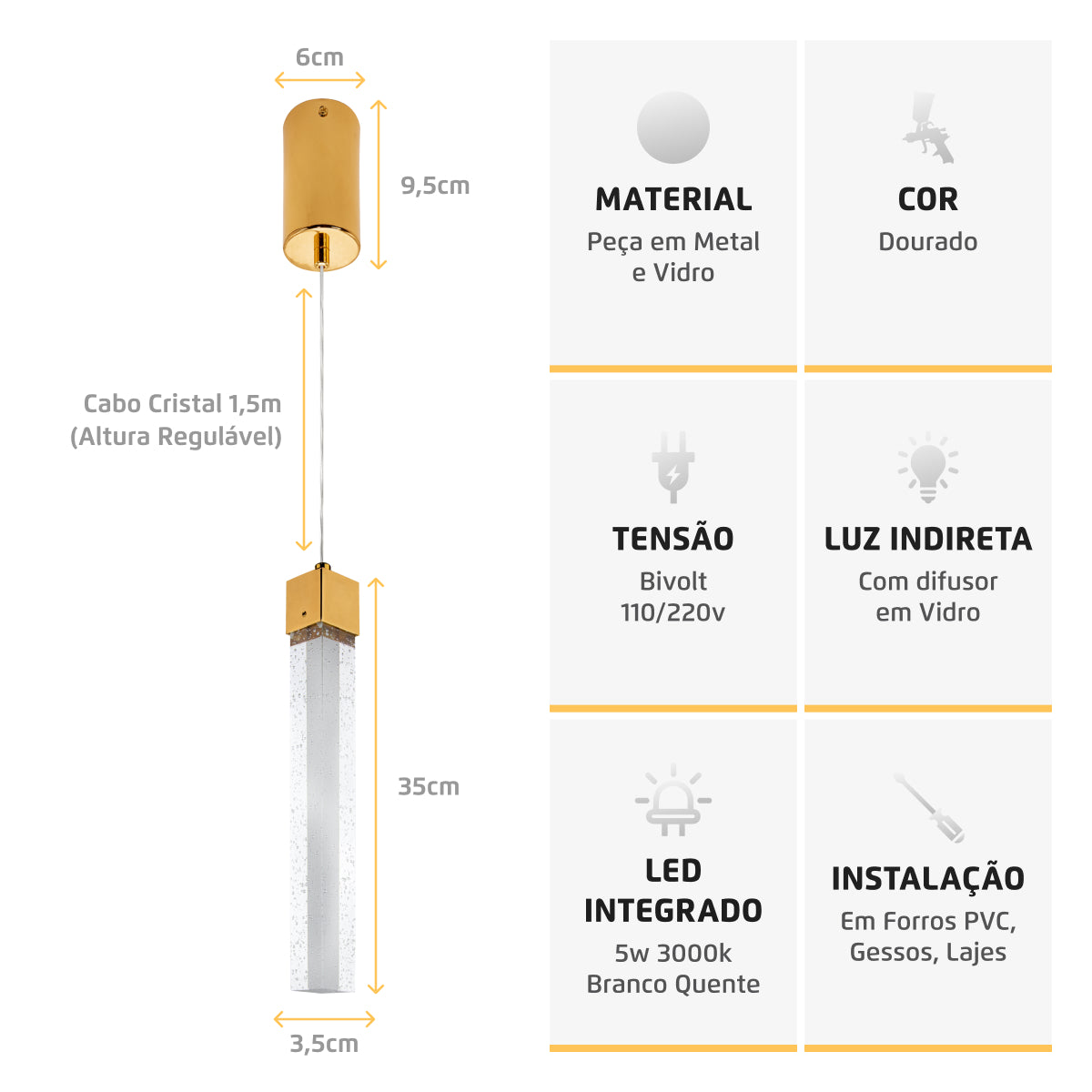 Pendente Luminária Dourado Tubo Cristal Quadrado 35cm Sindora