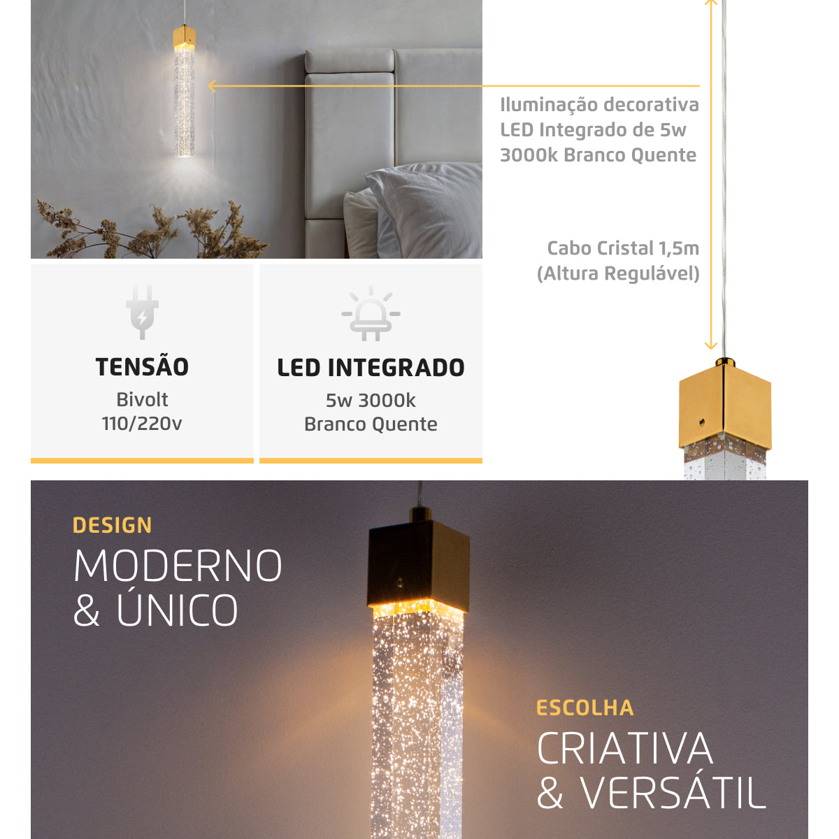 Pendente Luminária Dourado Tubo Cristal Quadrado 35cm Sindora
