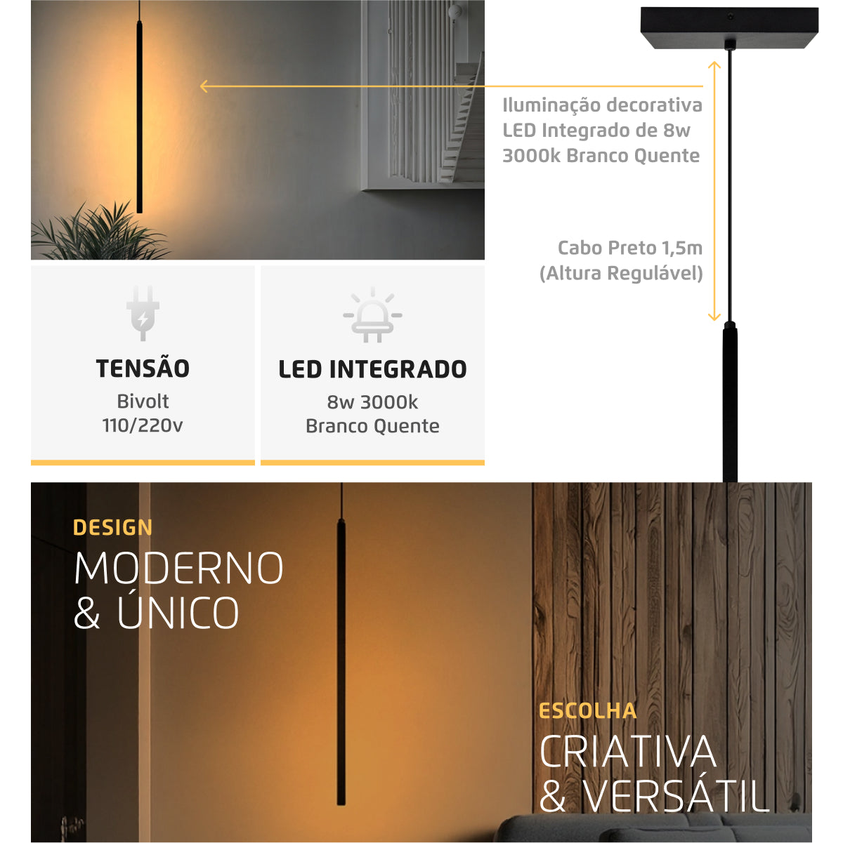 Luminária Pendente Perfil Fit Led 8W 3000K 60cm Preto