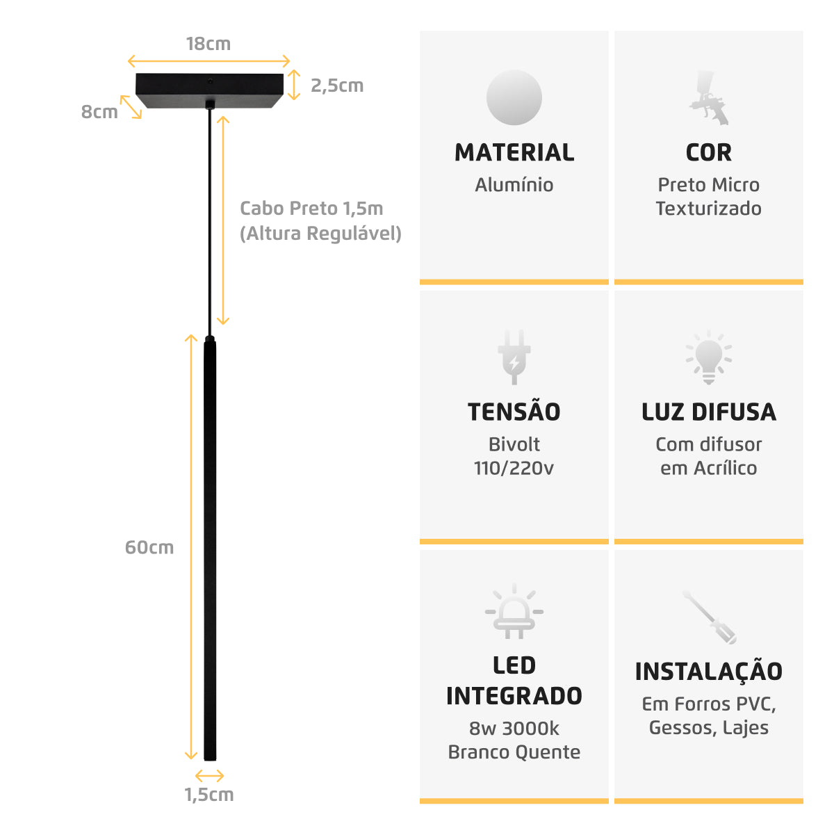 Luminária Pendente Perfil Fit Led 8W 3000K 60cm Preto