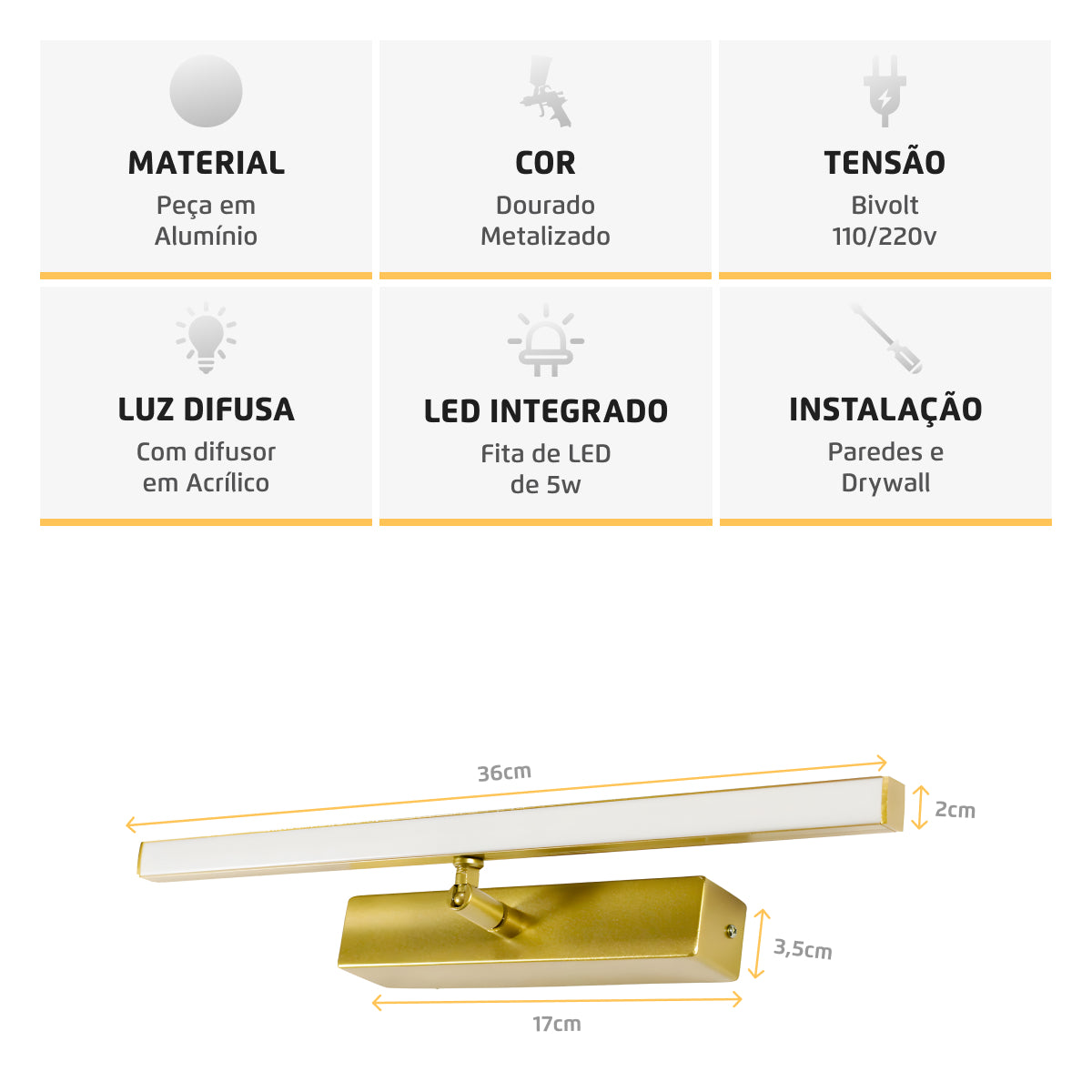 Arandela Quadro Perfil Midi Led 5w 3000k Dourado Metalizado