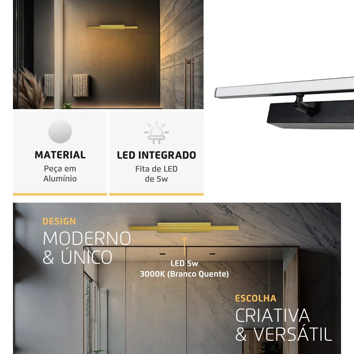 Arandela Quadro Perfil Midi Led 5w 3000k Dourado Metalizado