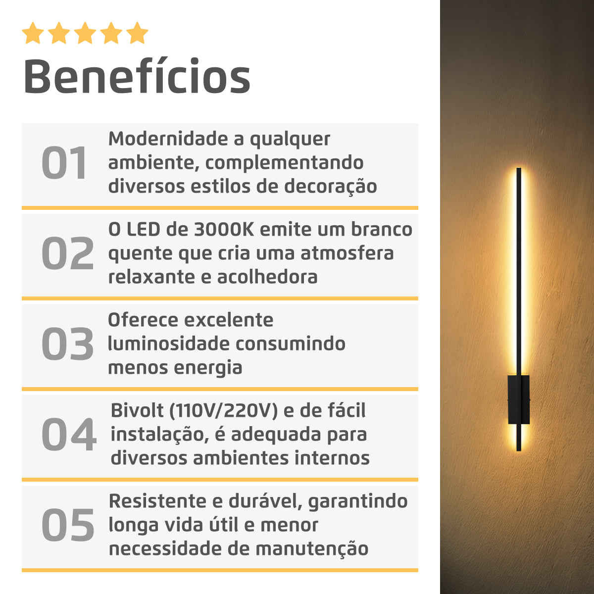 Arandela Perfil Slim Luz Indireta 100Cm 22w 3000K Preto
