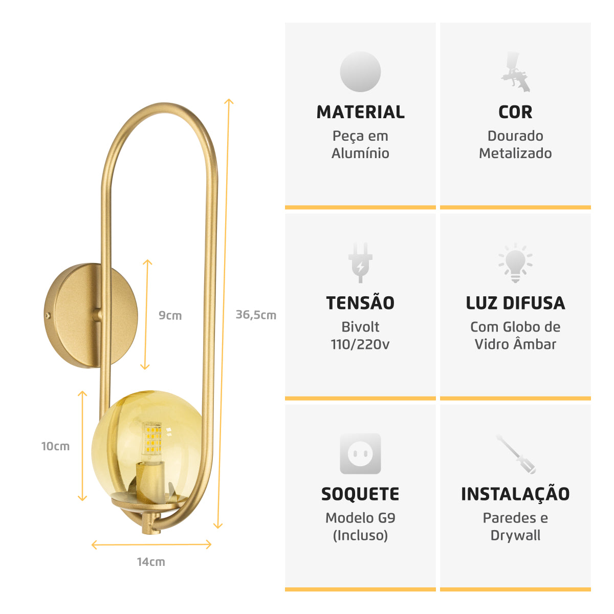 Arandela Arkom Light Parede Dourado Globo Âmbar 10Cm