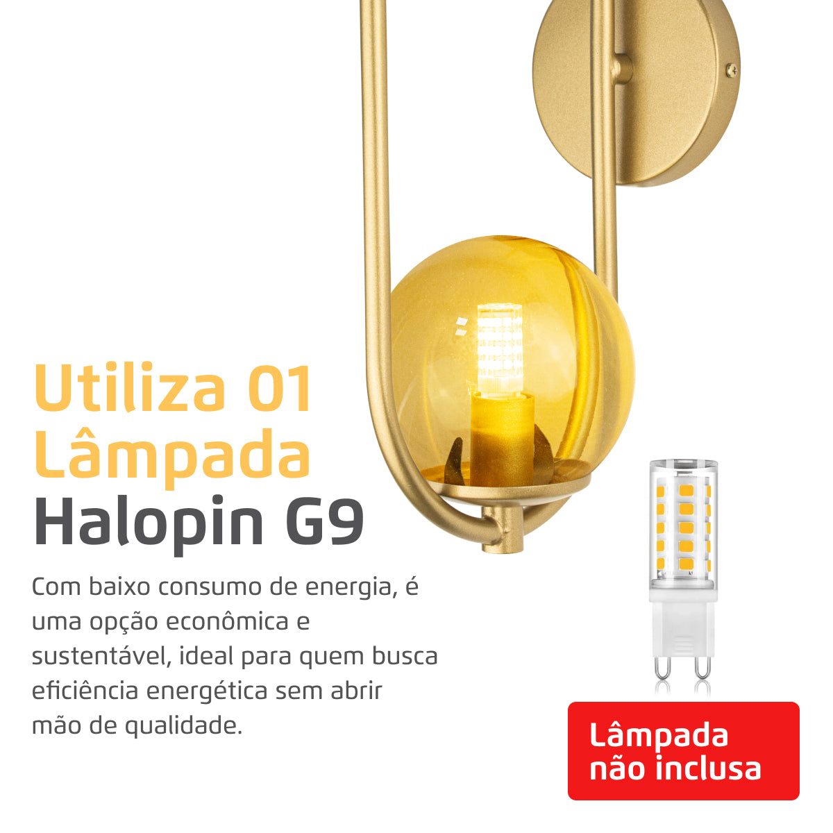 Arandela Arkom Light Parede Dourado Globo Âmbar 10Cm