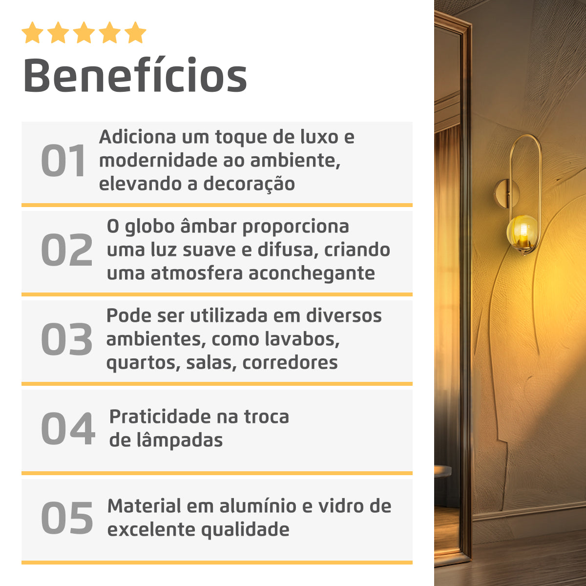 Arandela Arkom Light Parede Dourado Globo Âmbar 10Cm