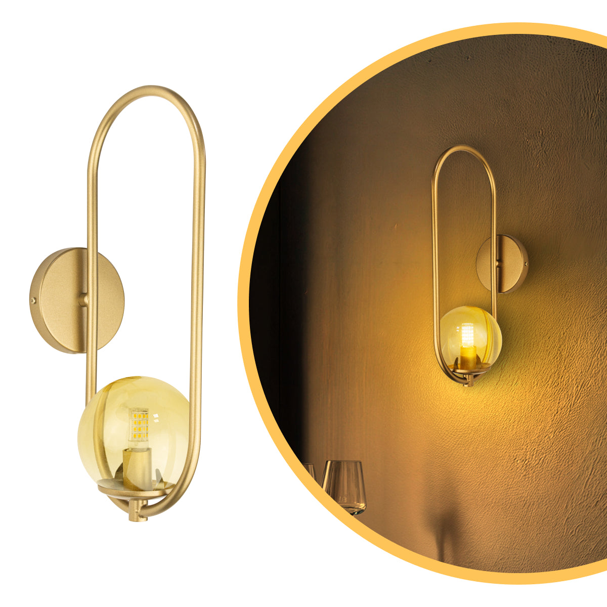 Arandela Arkom Light Parede Dourado Globo Âmbar 10Cm