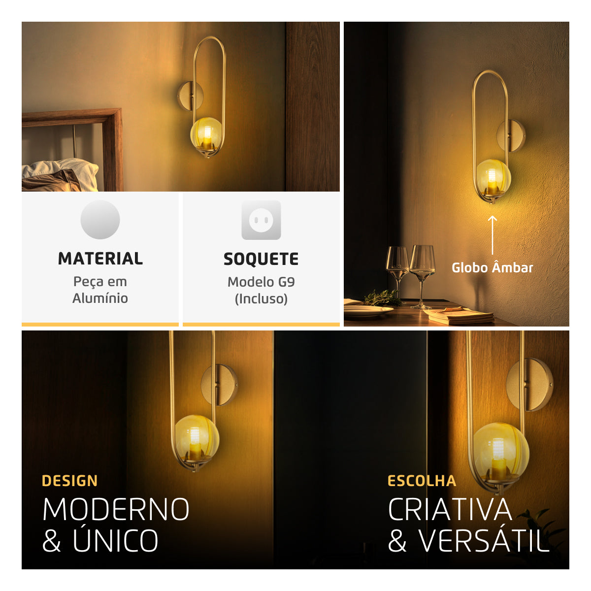 Arandela Arkom Light Parede Dourado Globo Âmbar 10Cm