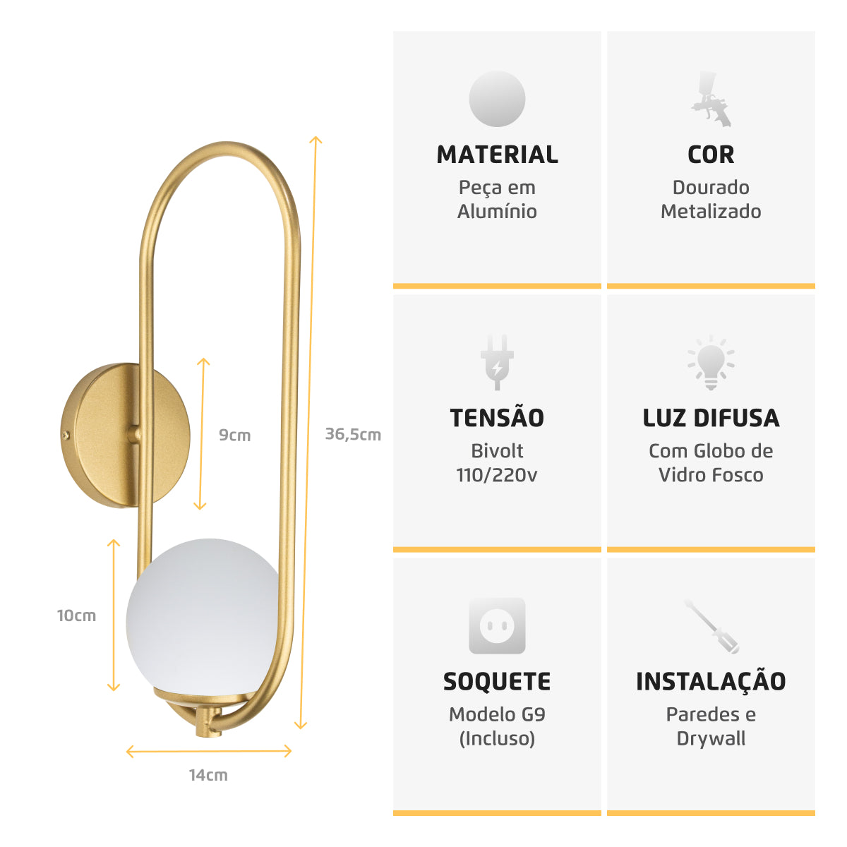 Arandela Arkom Light Parede Dourado Globo Vidro Leitoso 10Cm