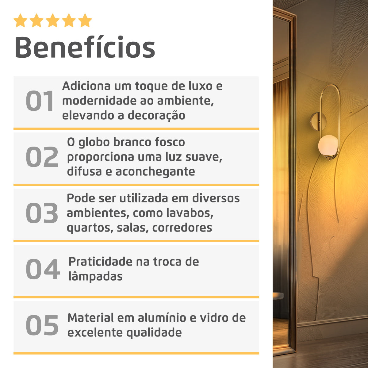 Arandela Arkom Light Parede Dourado Globo Vidro Leitoso 10Cm