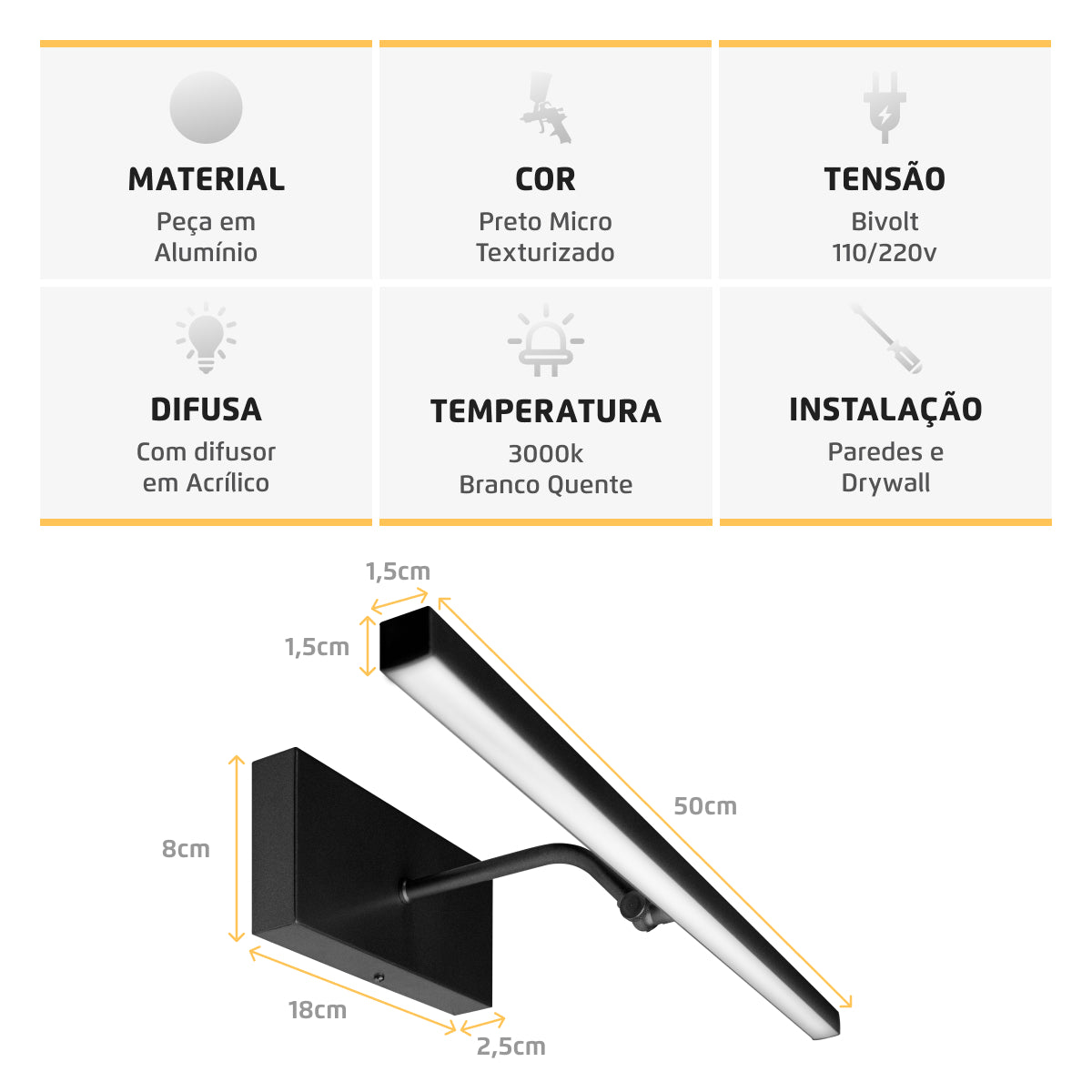 Arandela Quadro Perfil Led 6W 3000K Preto