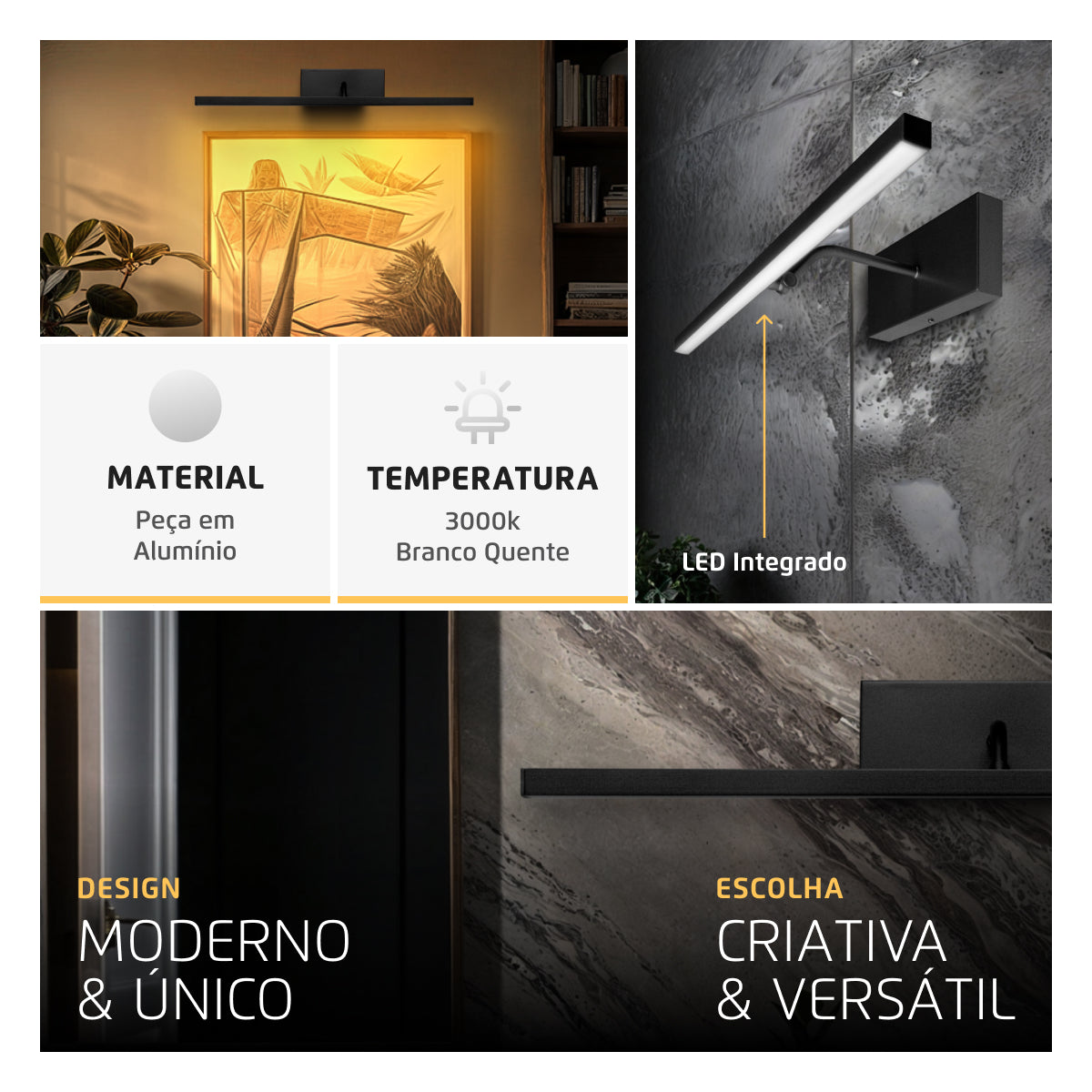 Arandela Quadro Perfil Led 6W 3000K Preto