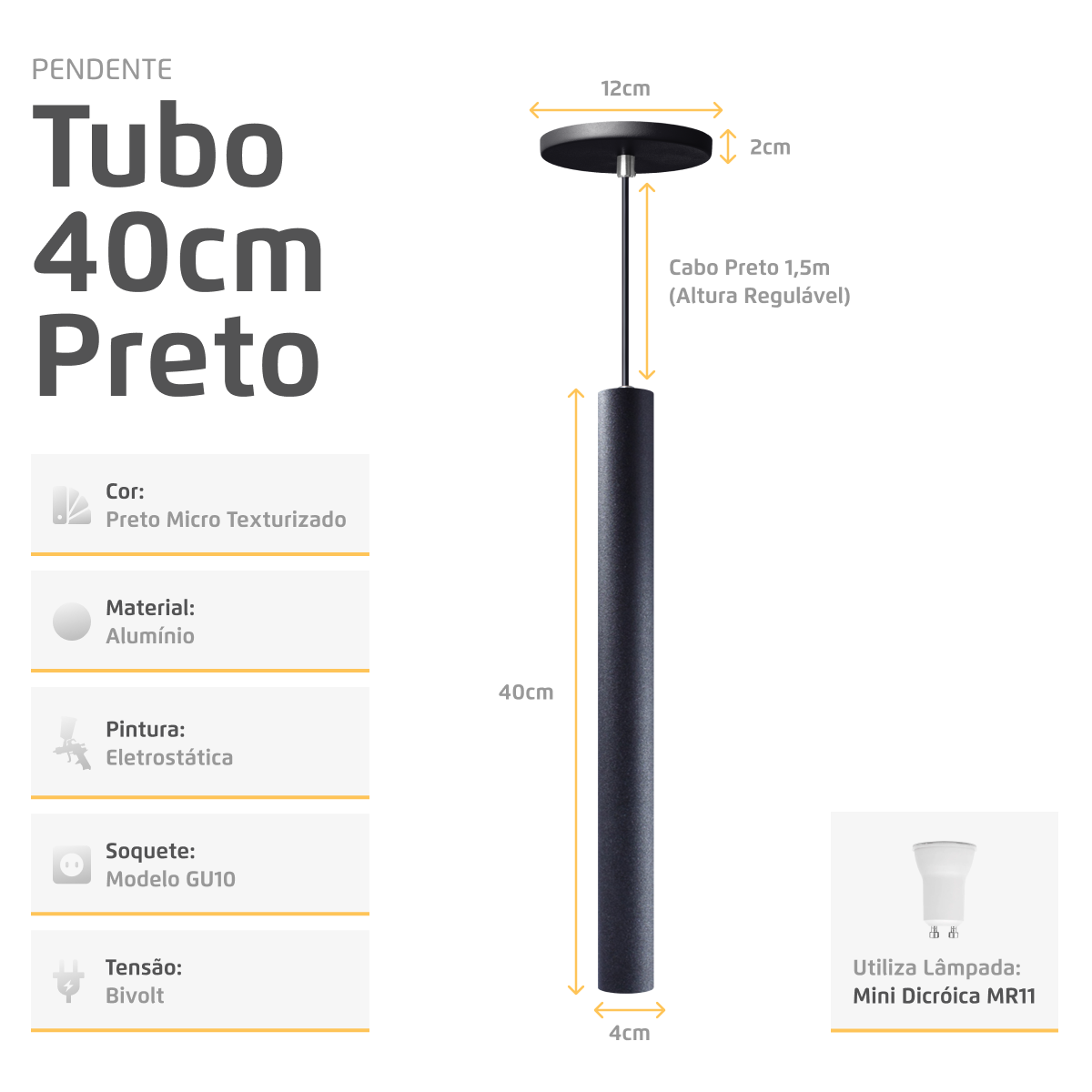 Pendente Luminária Tubo Preto 40 Cm