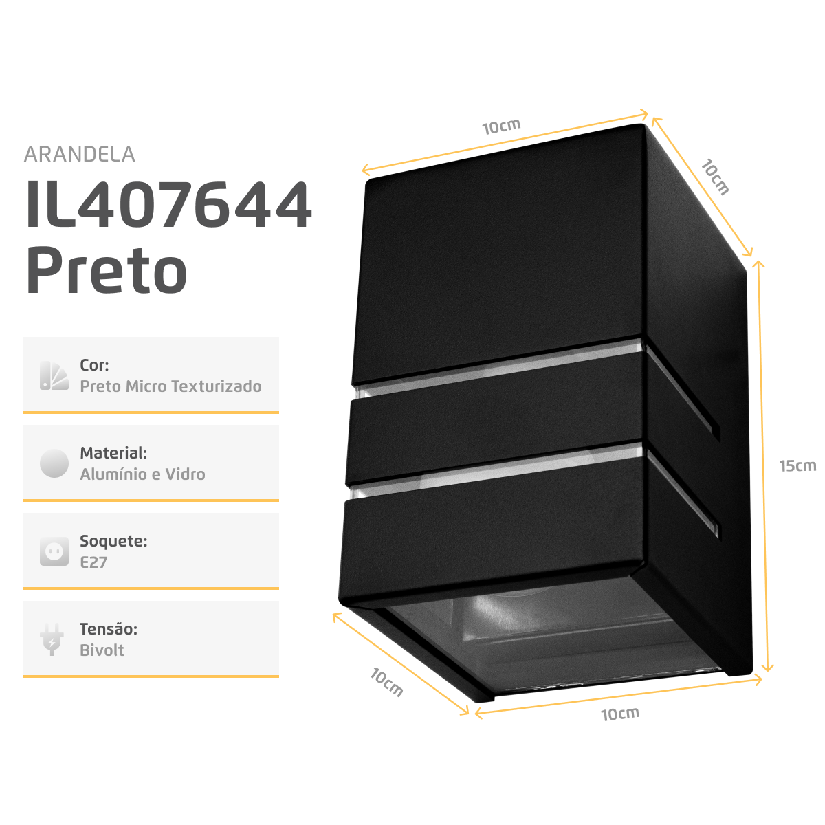 Arandela Alumínio 2 Frisos 1 Facho Interna e Externa Preta