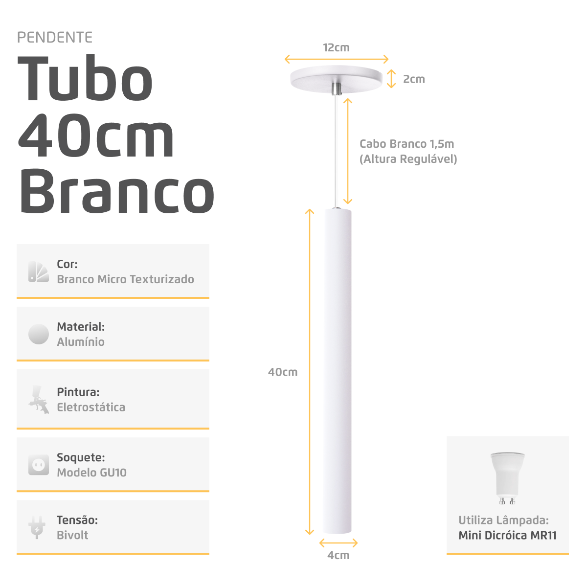 Pendente Luminária Tubo Branco 40 Cm