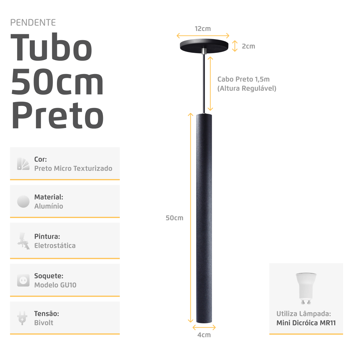 Pendente Luminária Tubo Preto 50 Cm