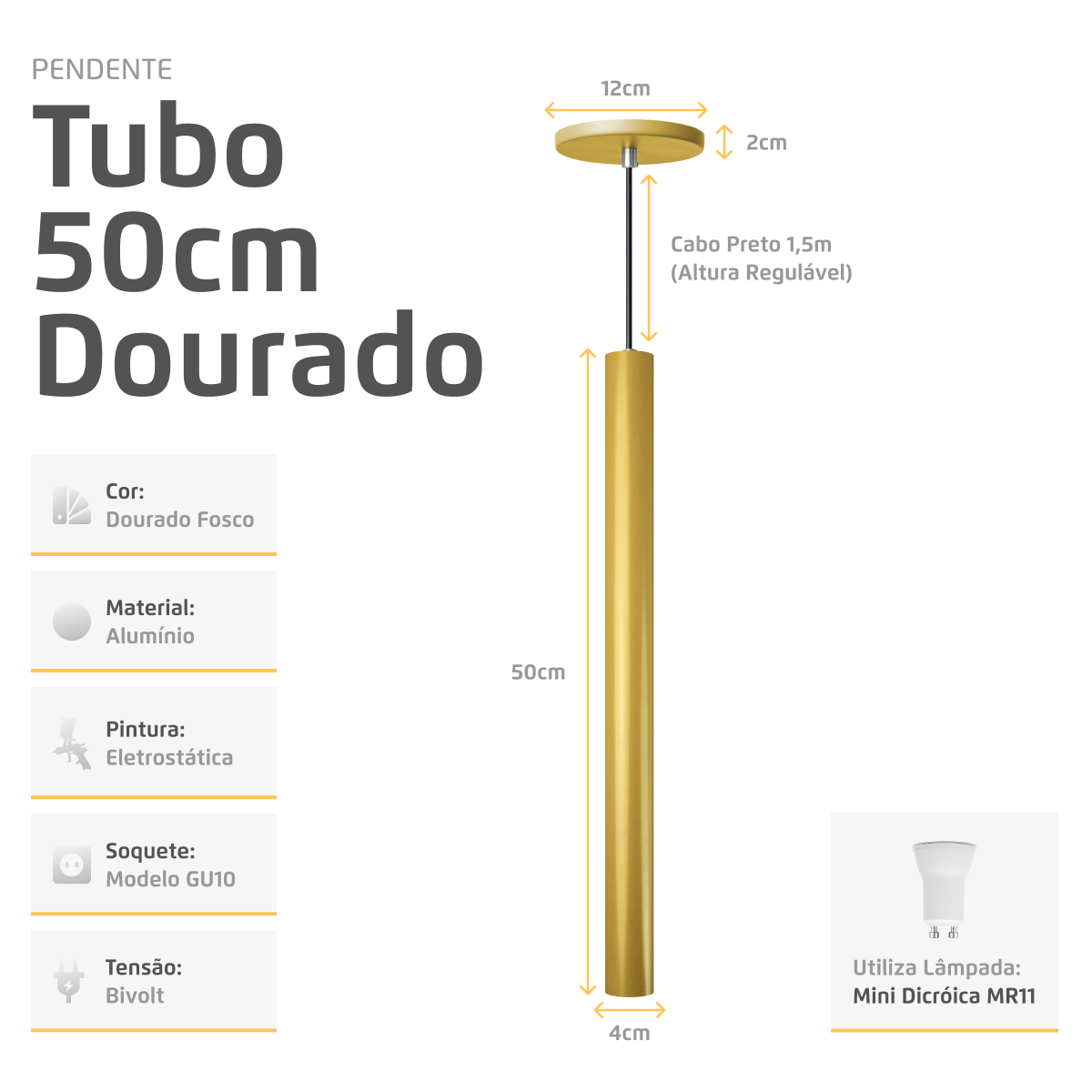 Pendente Luminária Tubo Dourado Fosco 50 Cm