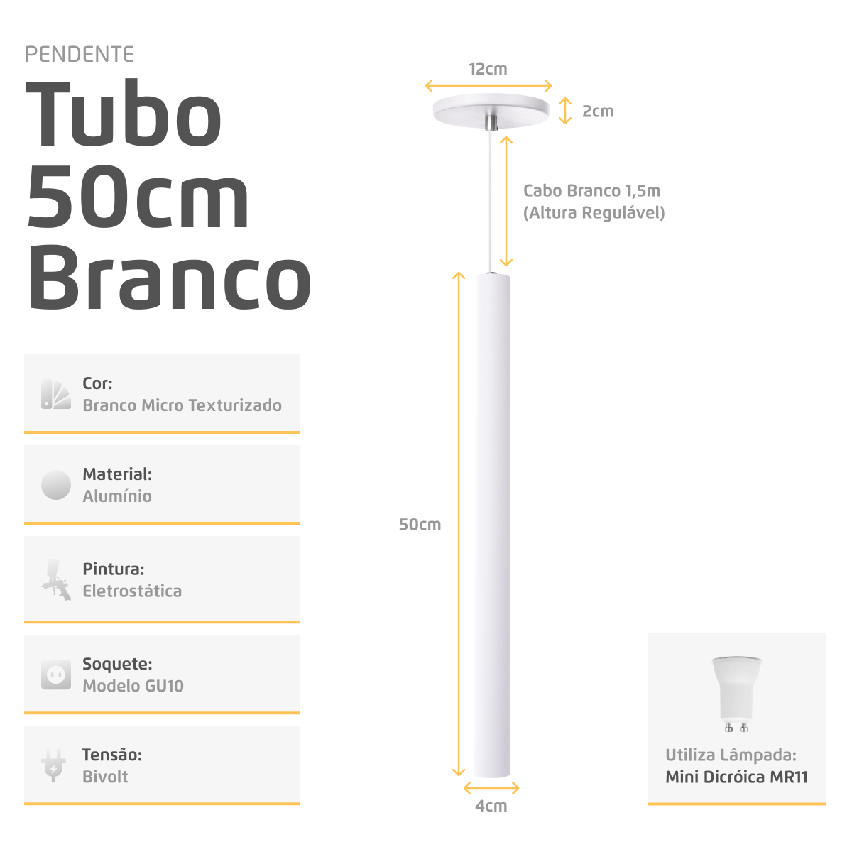 Pendente Luminária Tubo Branco 50 Cm