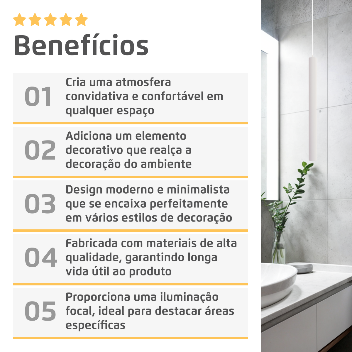 Pendente Luminária Tubo Branco 50 Cm