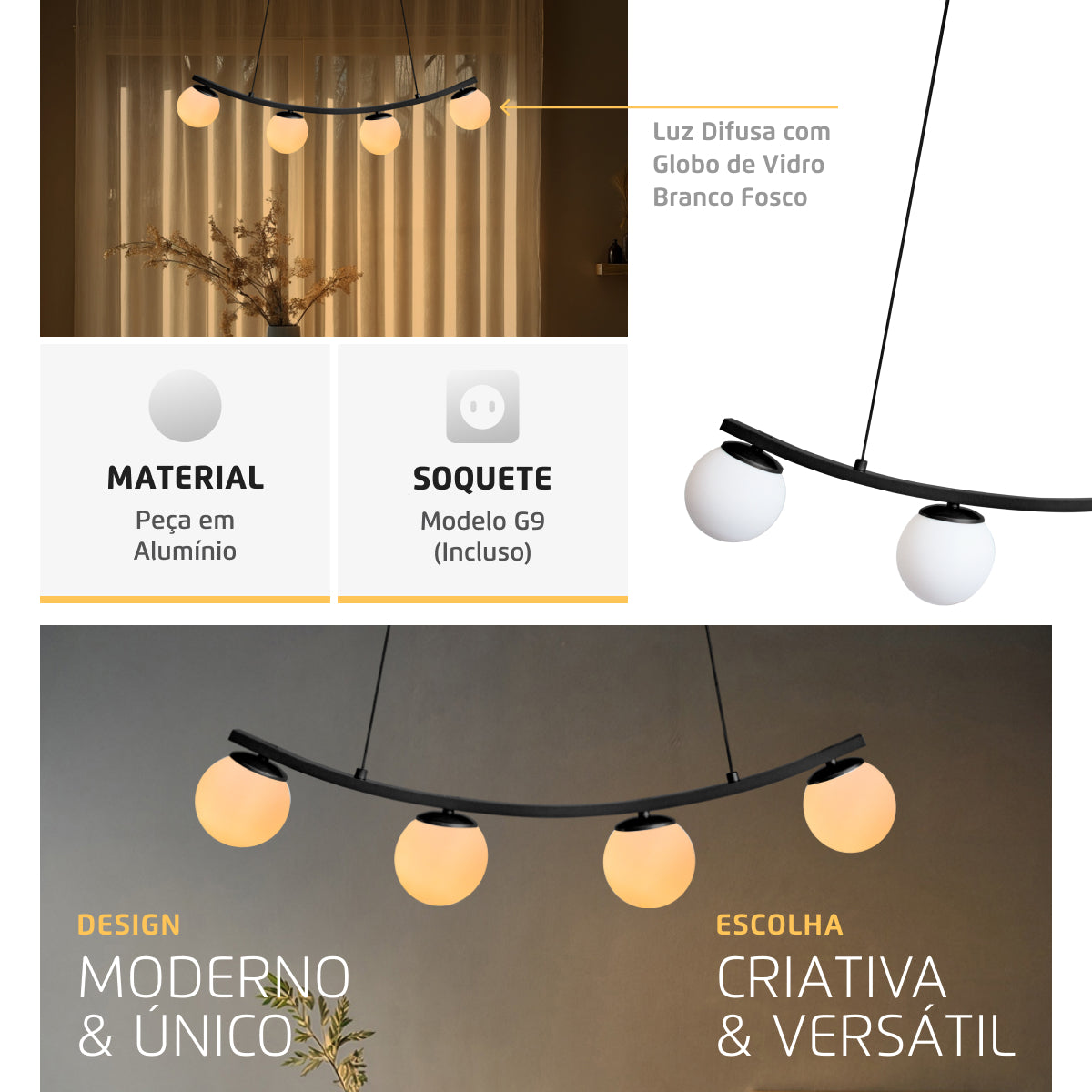 Luminária Pendente Nero Down Preto 4 Globos Leitosos 10Cm