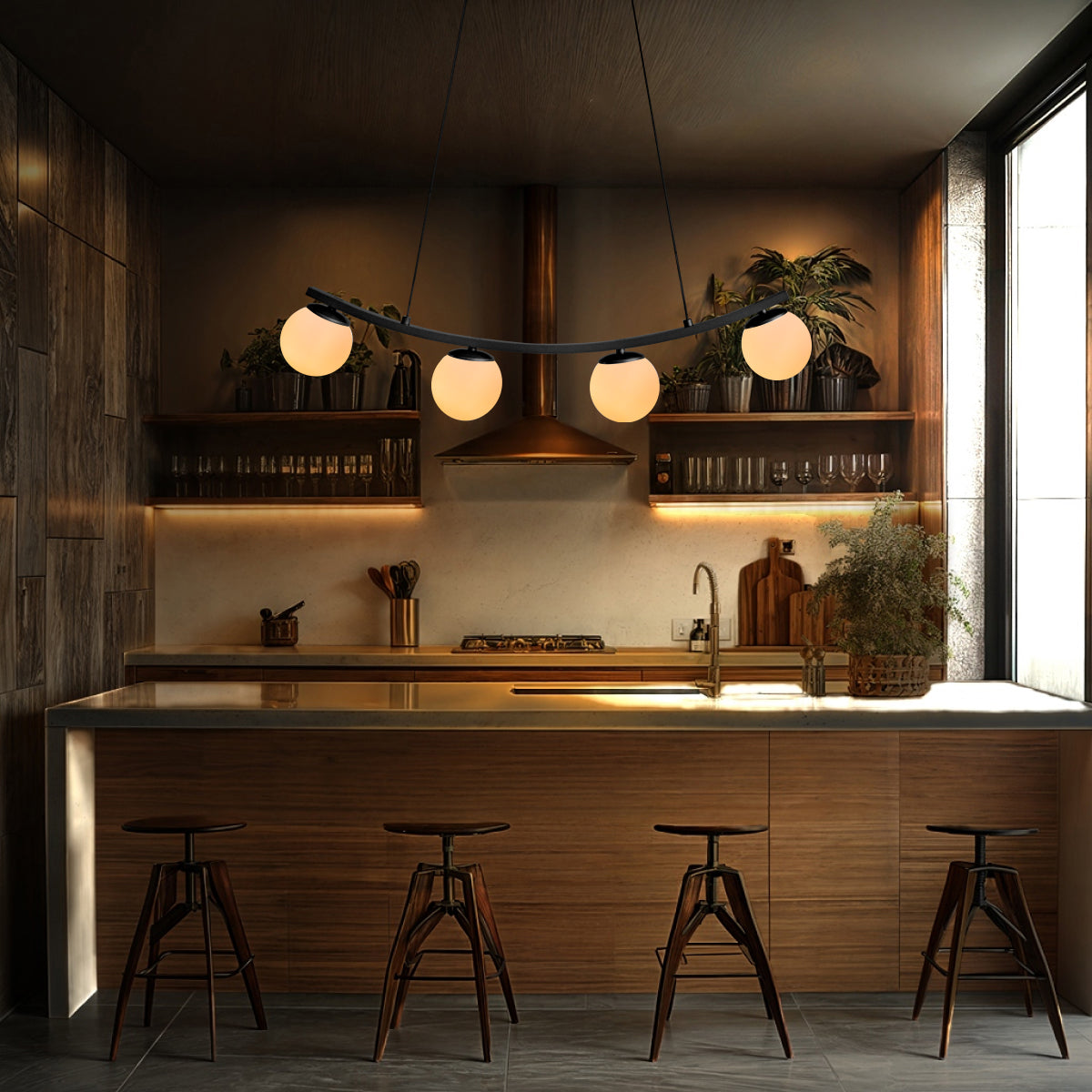 Luminária Pendente Nero Down Preto 4 Globos Leitosos 10Cm