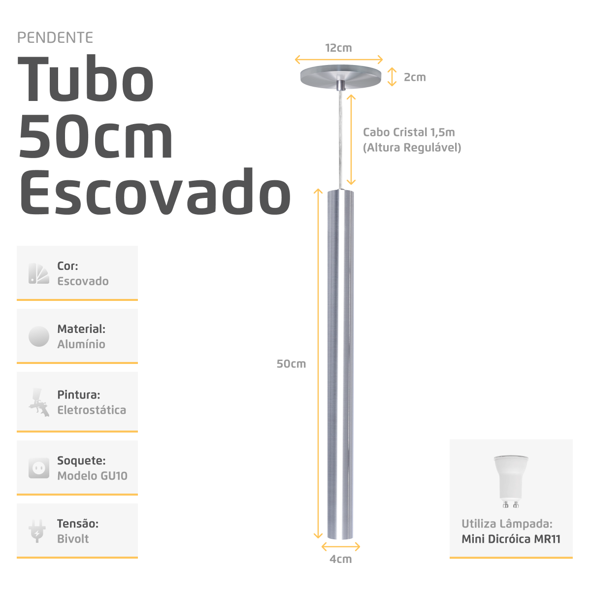 Pendente Luminária Tubo Alumínio Escovado 50 Cm