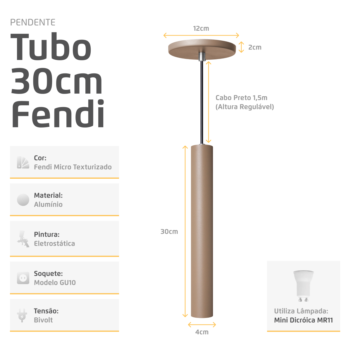 Pendente Luminária Tubo Fendi 30 Cm