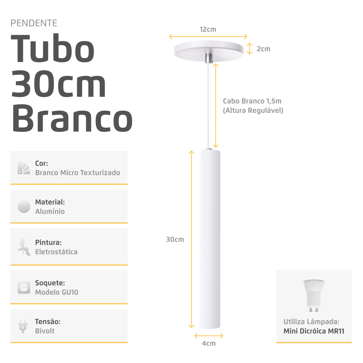 Pendente Luminária Tubo Branco 30 Cm