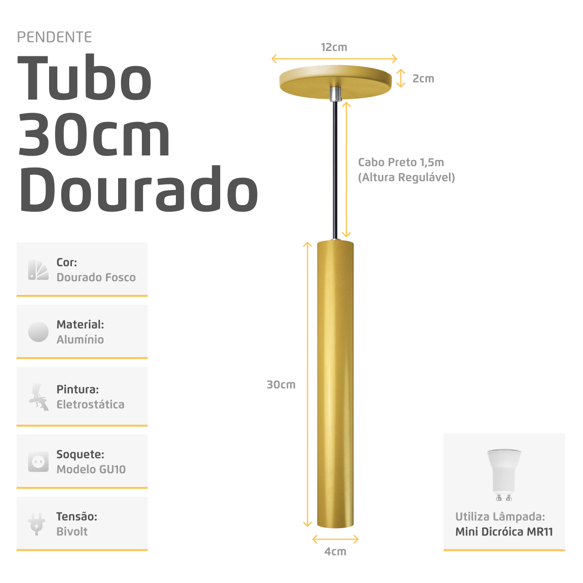 Pendente Luminária Tubo Dourado Fosco 30 Cm