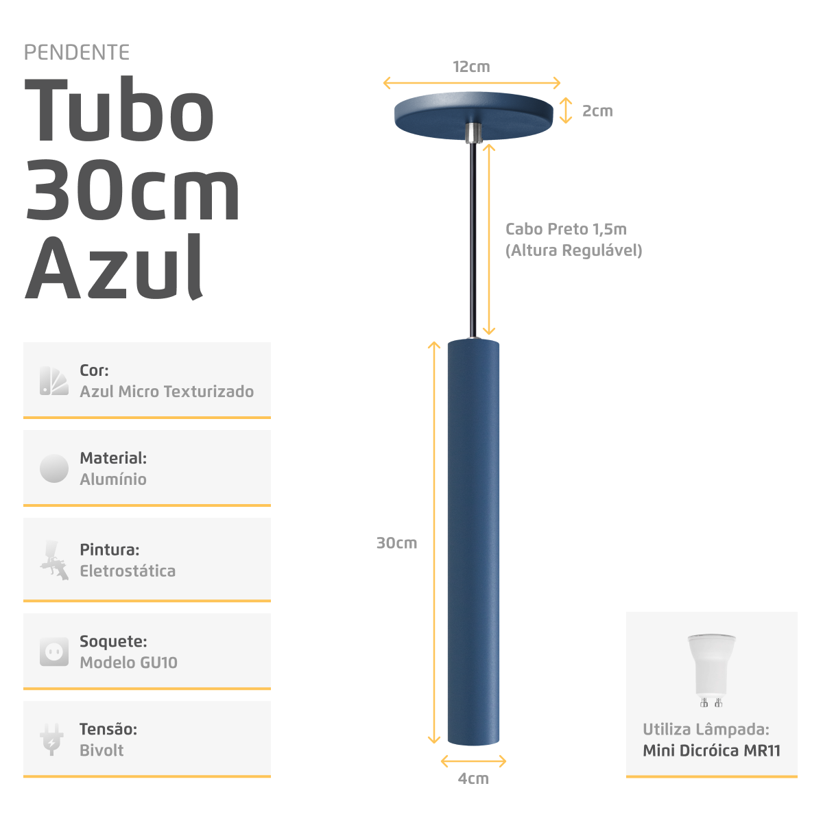 Pendente Luminária Tubo Azul 30 Cm