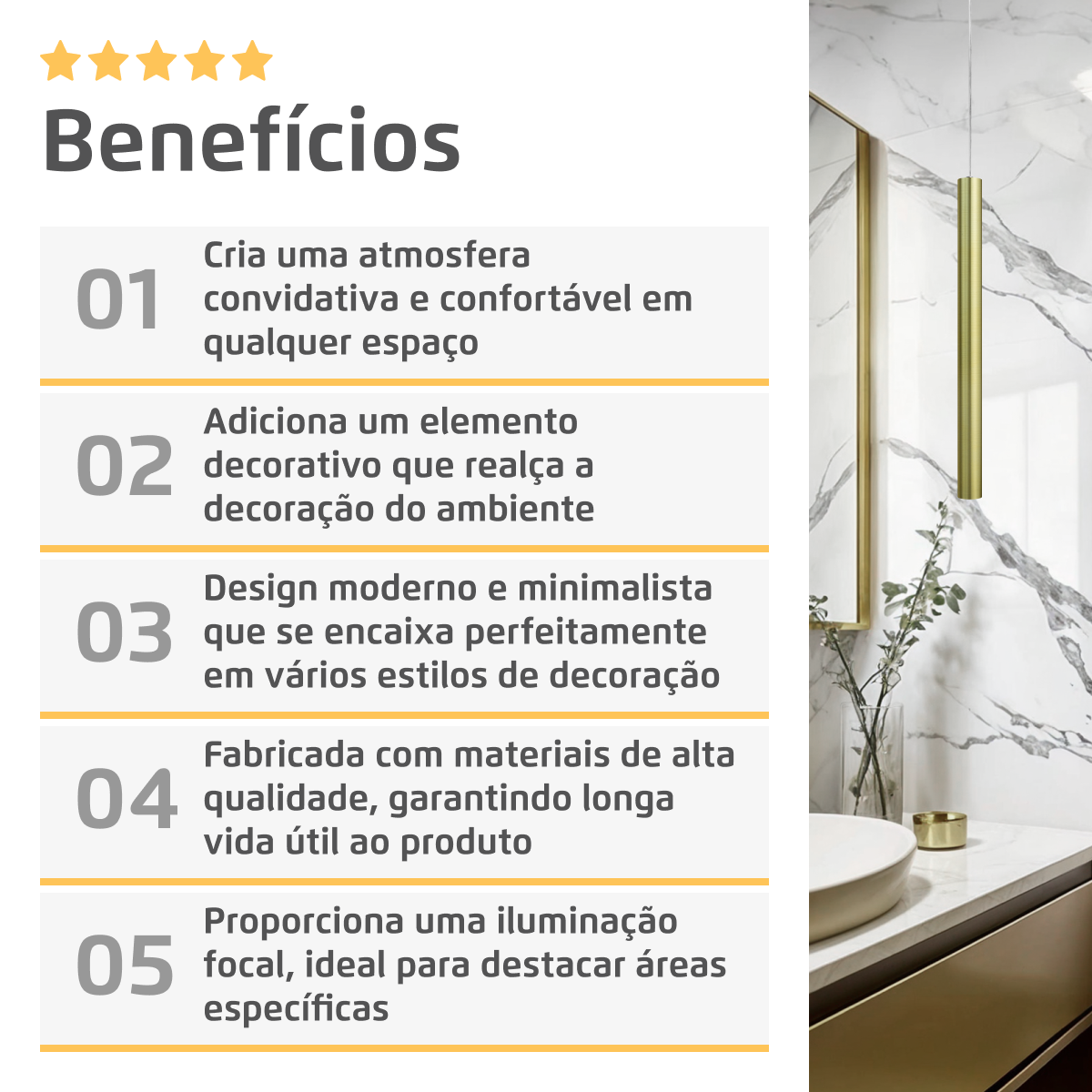 Pendente Luminária Tubo Dourado Cabo Cristal 50 Cm