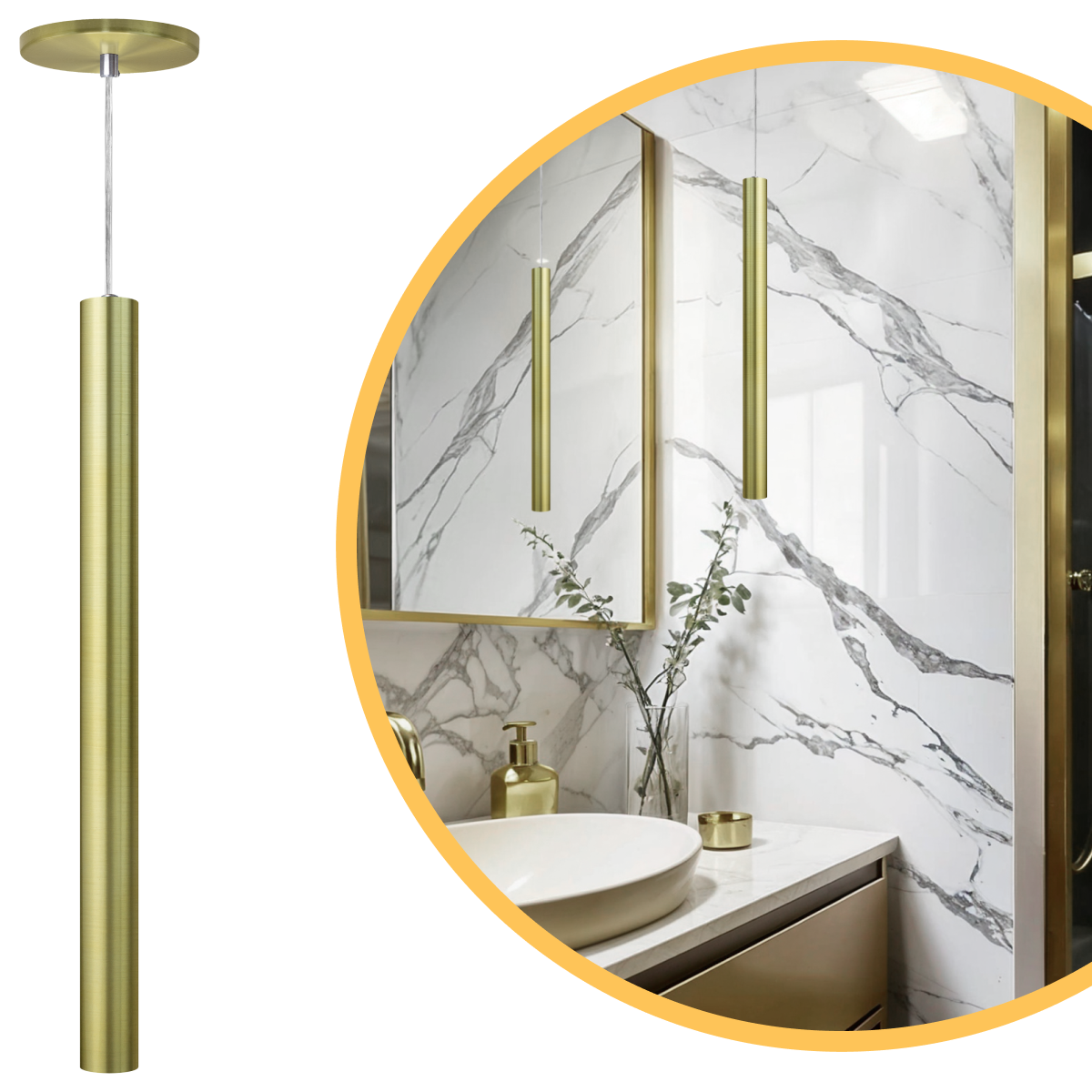 Pendente Luminária Tubo Dourado Cabo Cristal 50 Cm