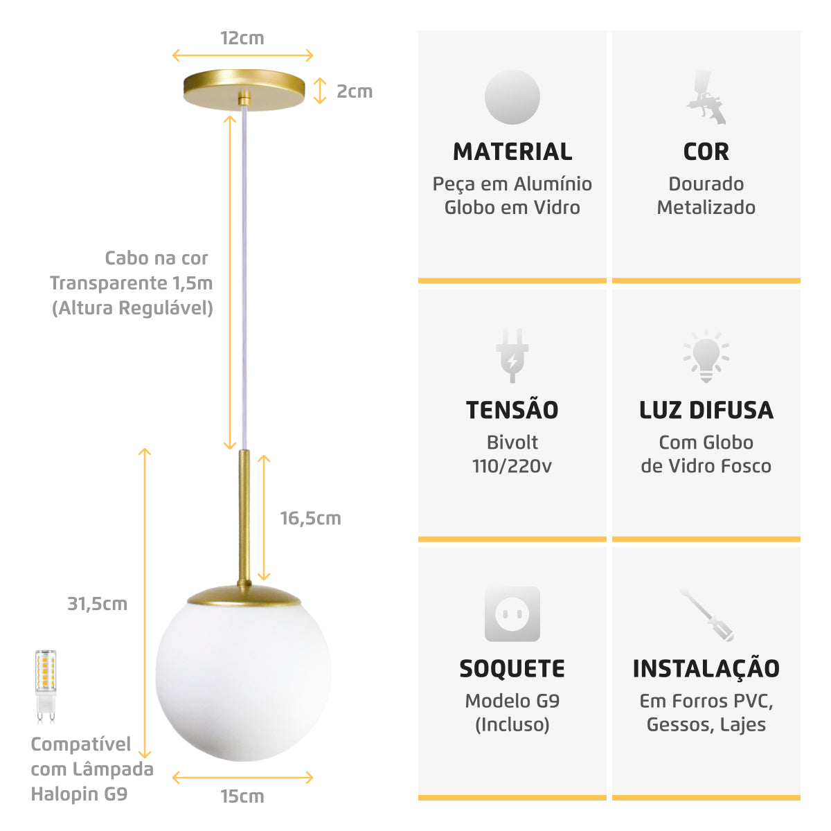 Luminária Pendente Jabuticaba Dourado Bola Globo de Vidro