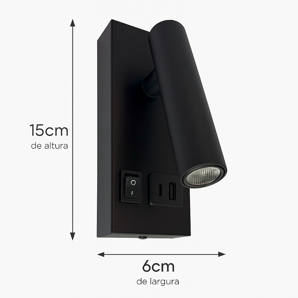 Arandela de Cabeceira Preta C/ Interruptor e Carregador USB Charger LED 2w 3000k Bivolt