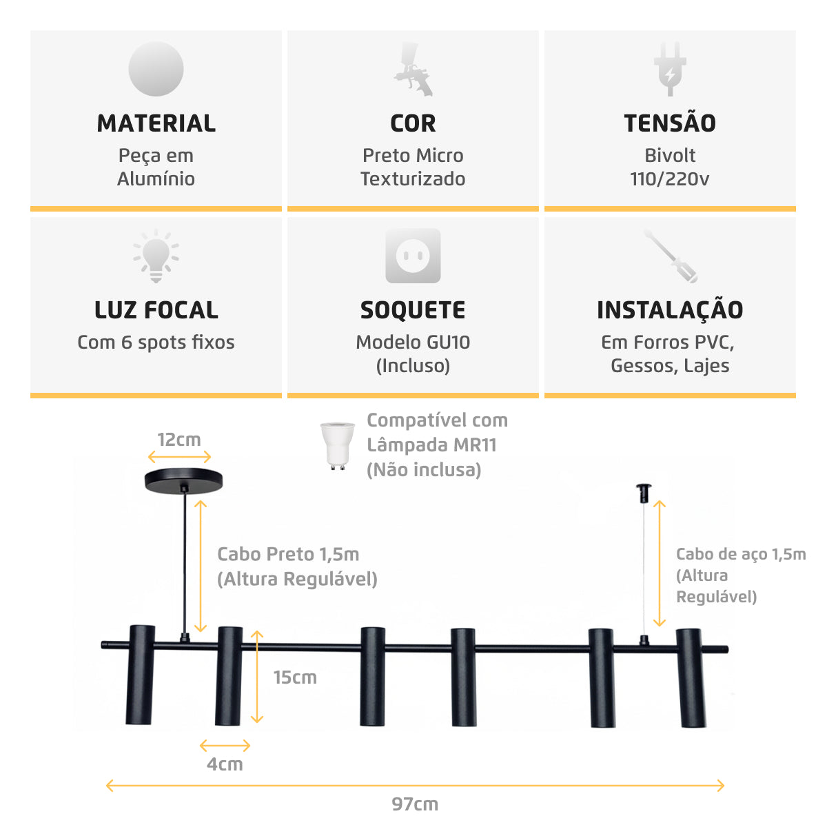 Luminária Pendente Turim Retangular 6 Spots MR11 GU10 Preto