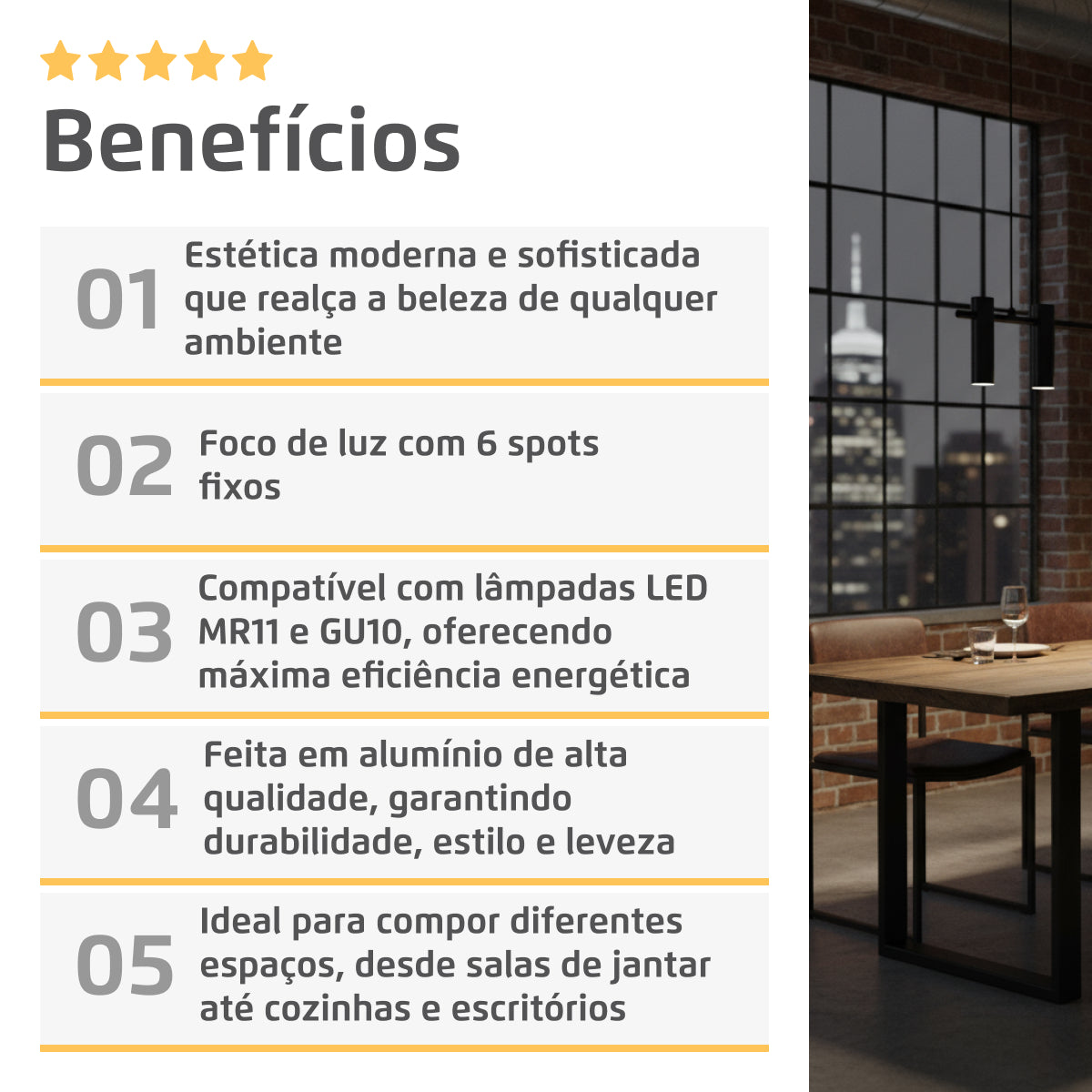 Luminária Pendente Turim Retangular 6 Spots MR11 GU10 Preto