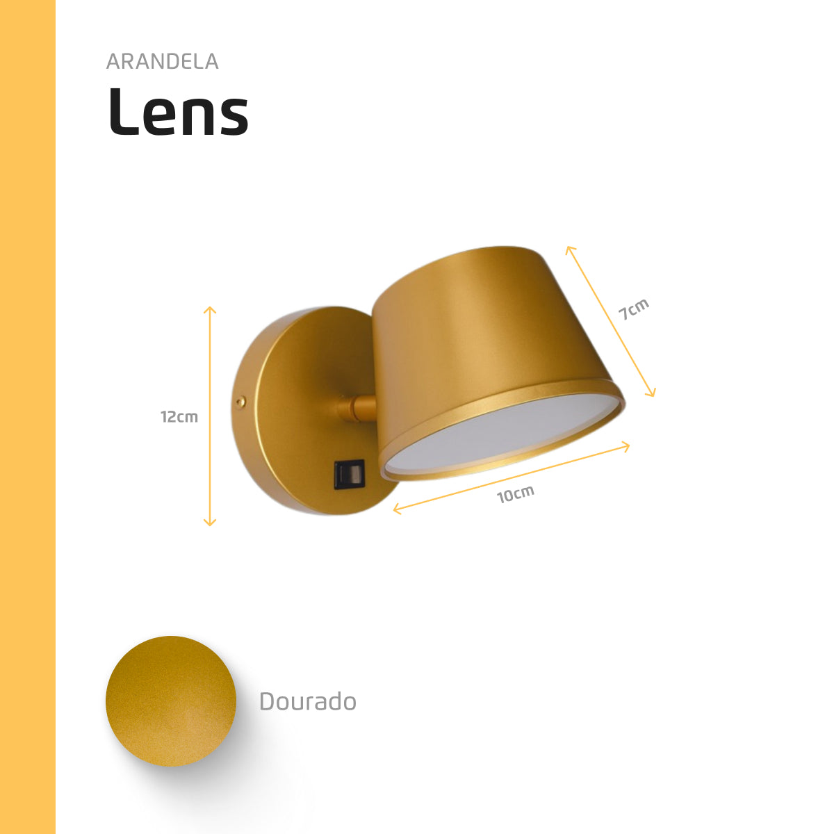 Arandela Luminária De Parede Cabeceira De Cama Com Interruptor Lens Dourado Para Leitura