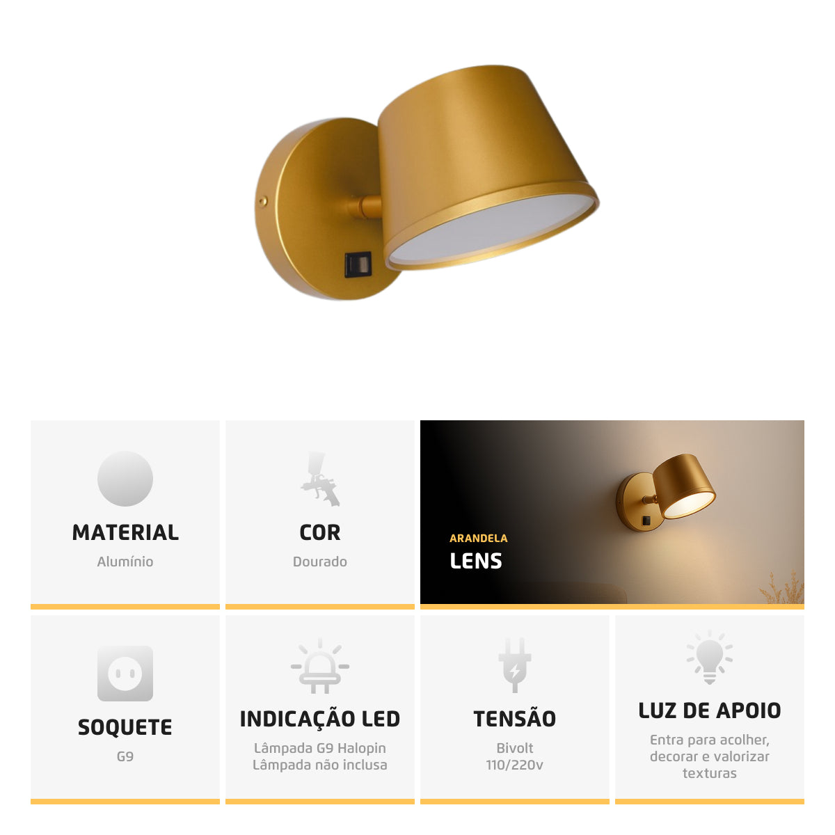 Arandela Luminária De Parede Cabeceira De Cama Com Interruptor Lens Dourado Para Leitura