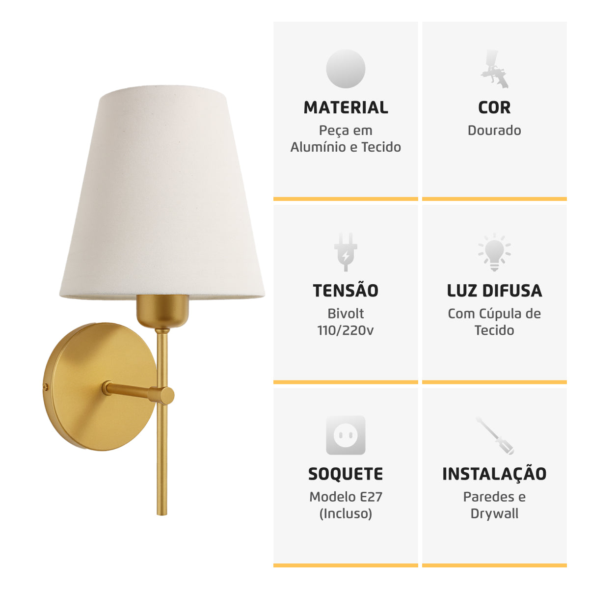 Arandela Parede Tocheiro Cúpula Tecido Cru Gy Dourada E27