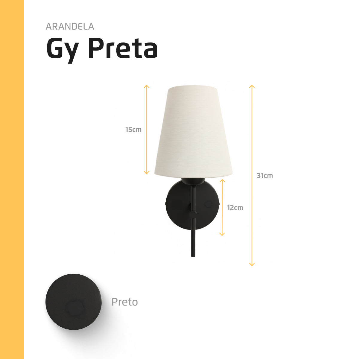 Arandela Parede Tocheiro Cúpula Tecido Cru Gy Preta E27