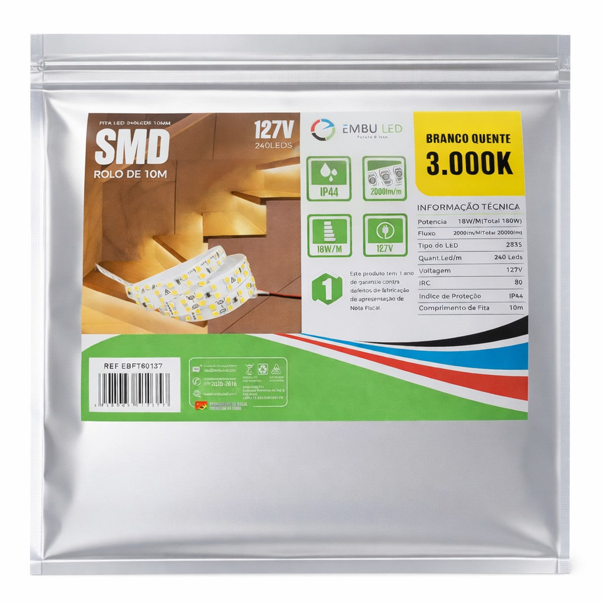 Fita Led 10m Direta 127v 240 Leds 18w/m 2000lm Super Forte Para Perfil Sanca Gesso 3000k