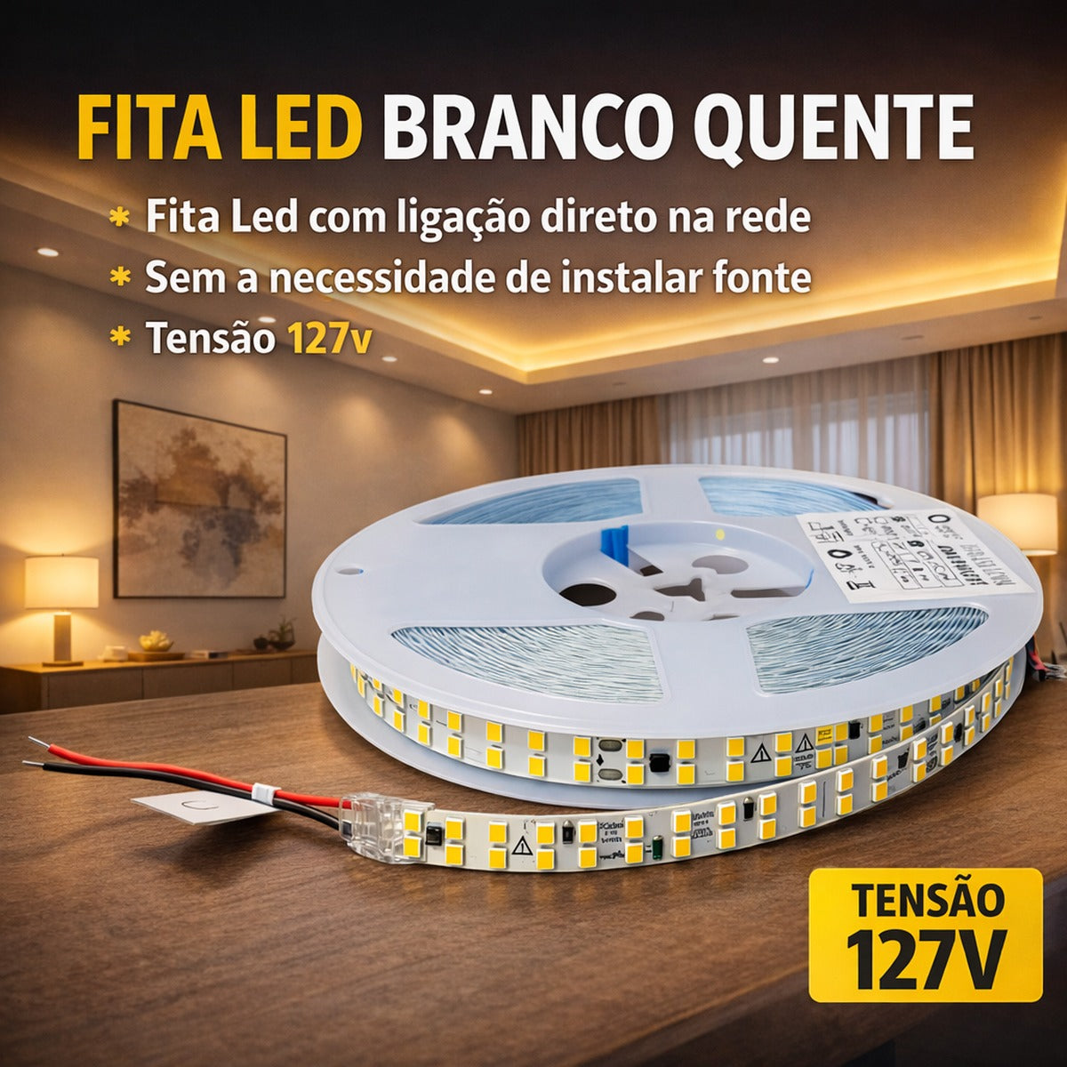 Fita Led 10m Direta 127v 240 Leds 18w/m 2000lm Super Forte Para Perfil Sanca Gesso 3000k