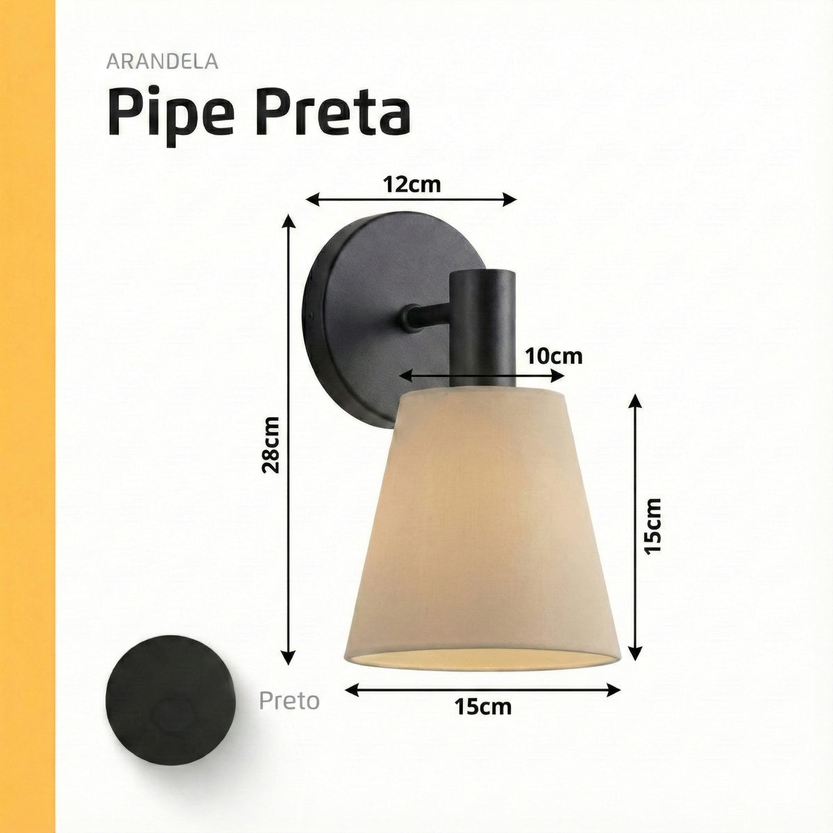 Arandela Cabeceira com Cúpula Crua Bege Pipe Preto Fosco