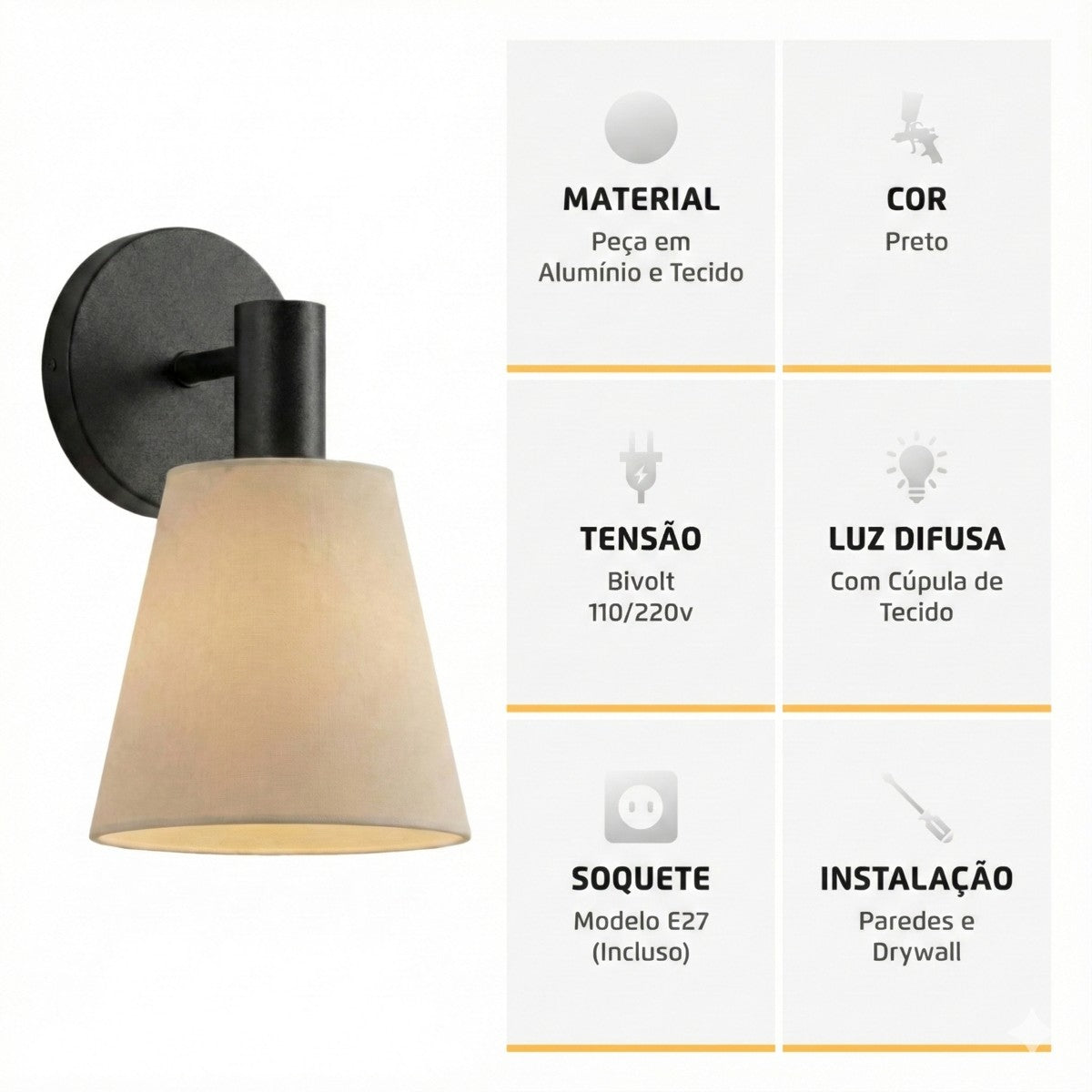 Arandela Cabeceira com Cúpula Crua Bege Pipe Preto Fosco